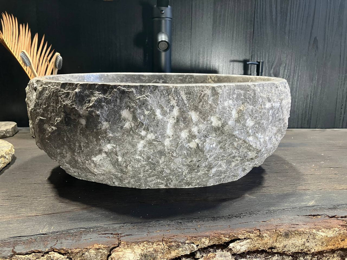 Natural gray marble stone pattern on oval vessel sink GMS-019