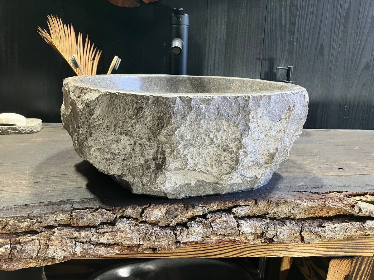 Natural gray marble texture and rounded vessel basin on GMS-027