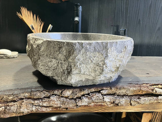 Natural gray marble texture and rounded vessel basin on GMS-027