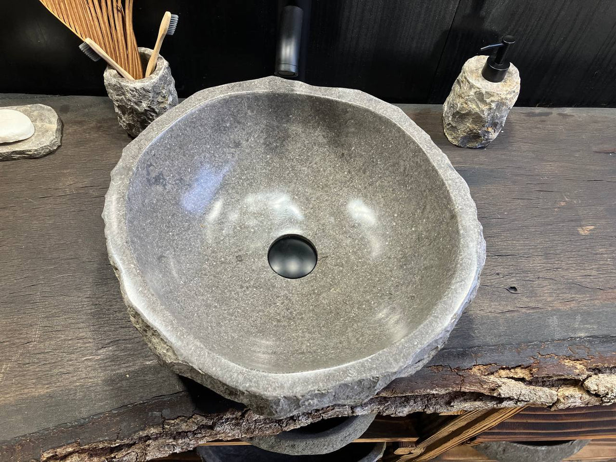 GMS-027 natural gray marble vessel sink, 17 by 16 inches