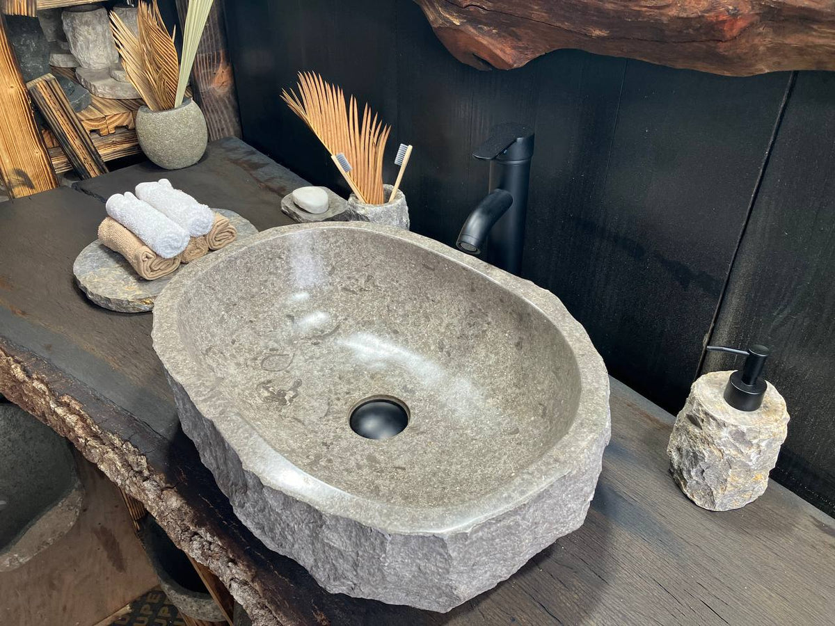 GMS-028 gray marble vessel sink with rugged chiseled exterior