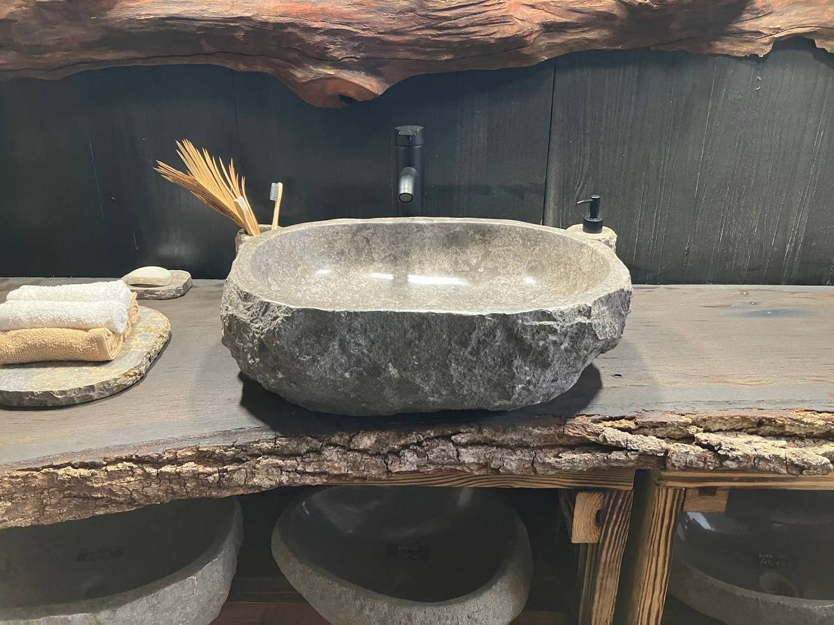 GMS-037 gray marble vessel sink with polished oval basin and rough chiseled exterior