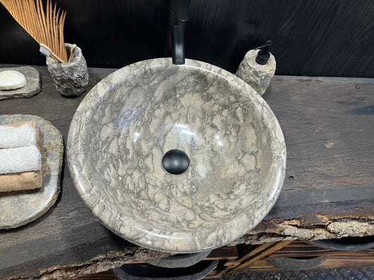 GMS-099 round gray marble vessel sink with hammered pebbled exterior