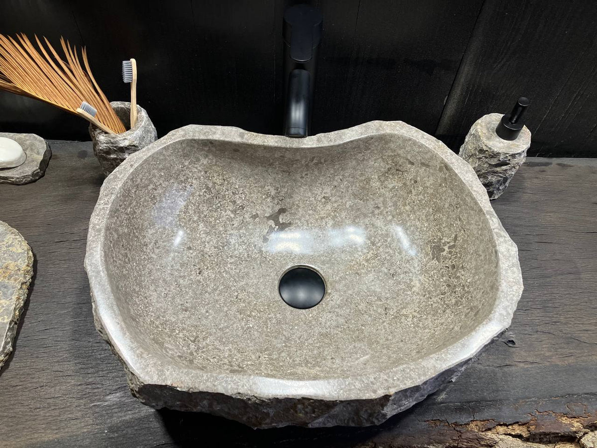 GMS-114 natural gray marble sink with rough chiseled exterior and mottled gray taupe bowl