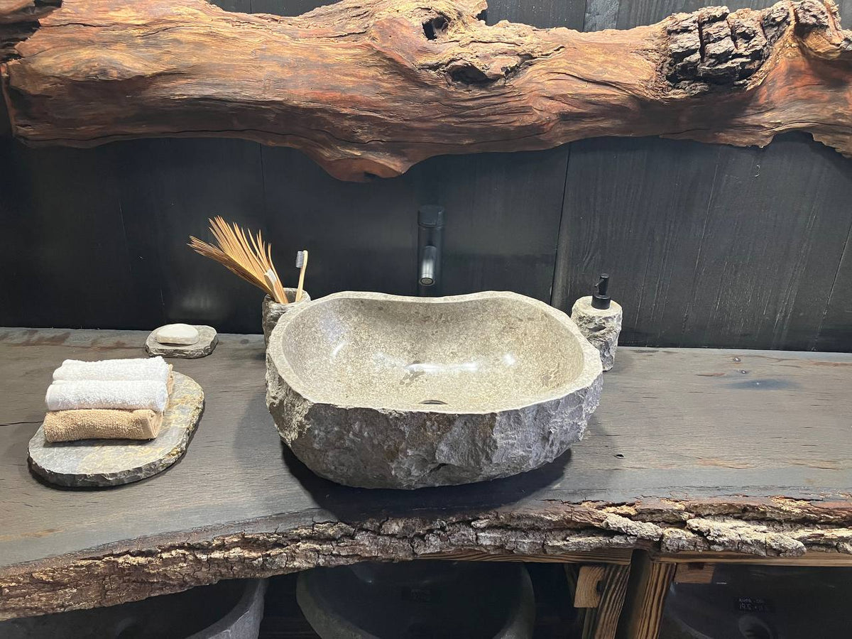 GMS-114 gray marble vessel sink with organically shaped polished basin and natural stone pattern