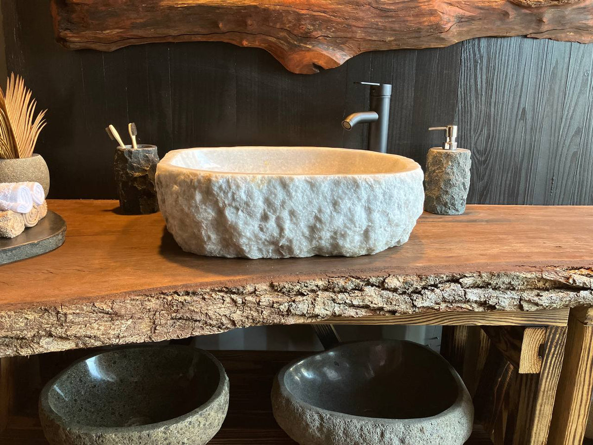 Natural onyx stone vessel sink OSS-005 with a rough chiseled exterior
