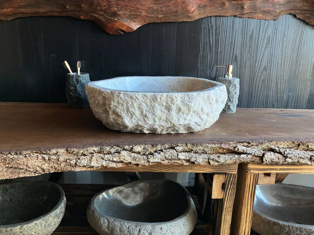 White and gray onyx stone vessel sink OSS-005 with a rough chiseled exterior