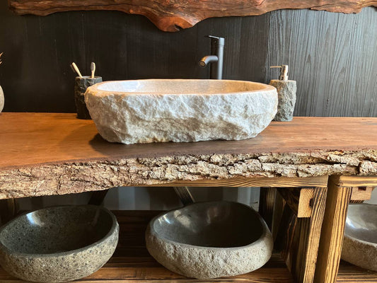 Natural onyx stone vessel sink OSS-5068 with a rough chiseled exterior