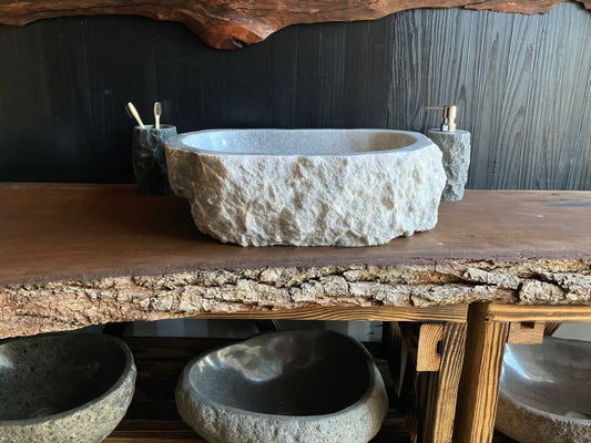 Gray onyx stone vessel sink OSS-5083 with a rough chiseled exterior