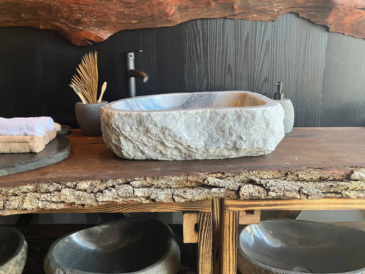 White and light gray onyx vessel sink OSS-007 with a naturally rough exterior