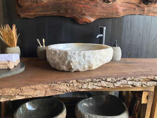 White and light gray onyx vessel sink OSS-008 with a rough chiseled exterior