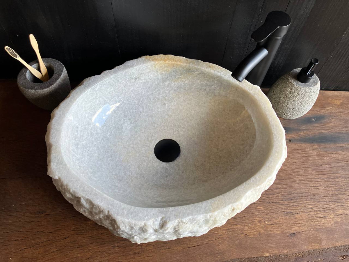Top view of white onyx sink OSS-008 showing its smooth basin and light gray tones