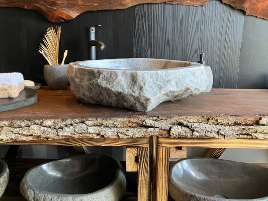 Onyx vessel sink OSS-5080 with a pale chiseled exterior and natural gray veining