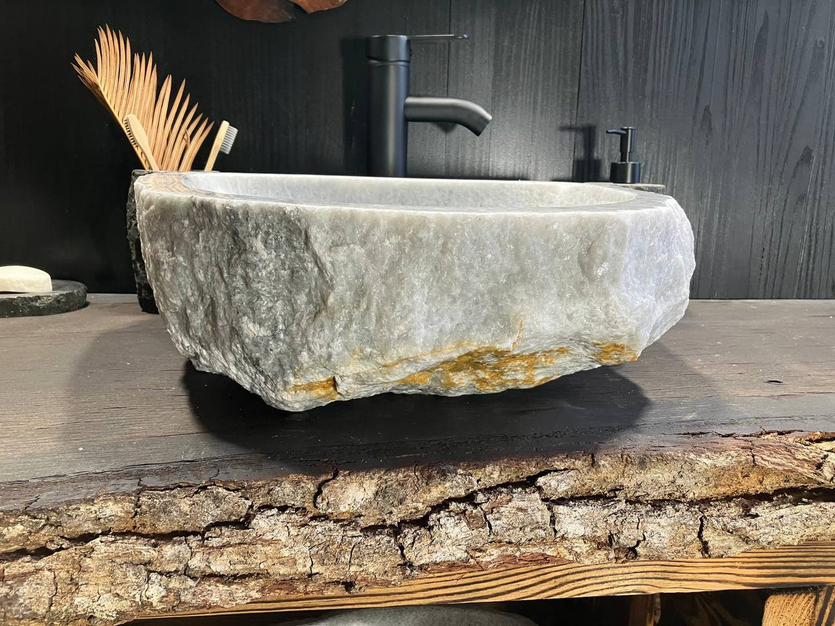 Top view of OSS-009 white and light gray onyx vessel sink with polished basin