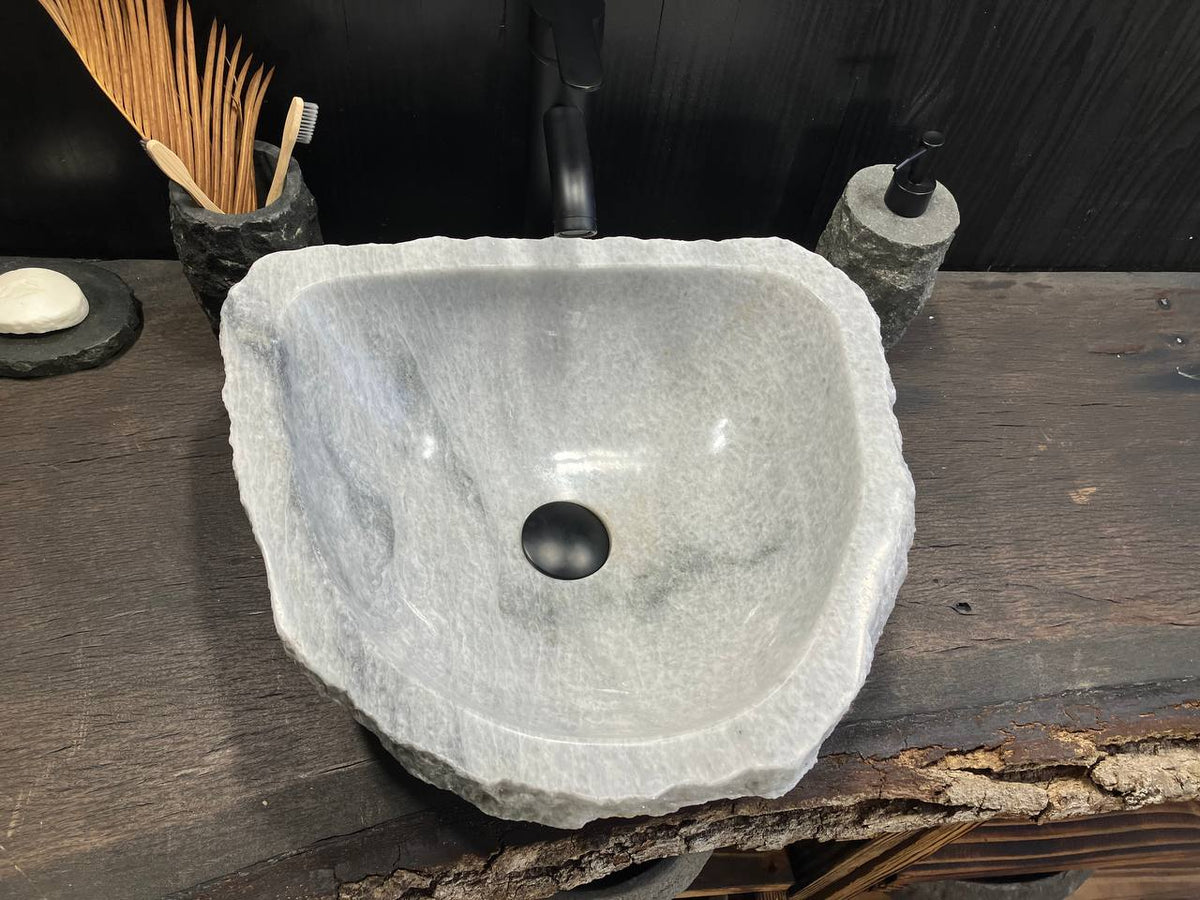 OSS-009 white onyx vessel sink with rough split-stone exterior