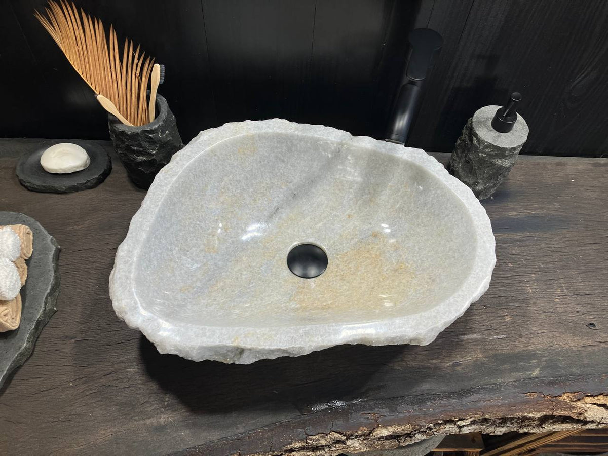 OSS-010 white onyx vessel sink with polished organic oval basin