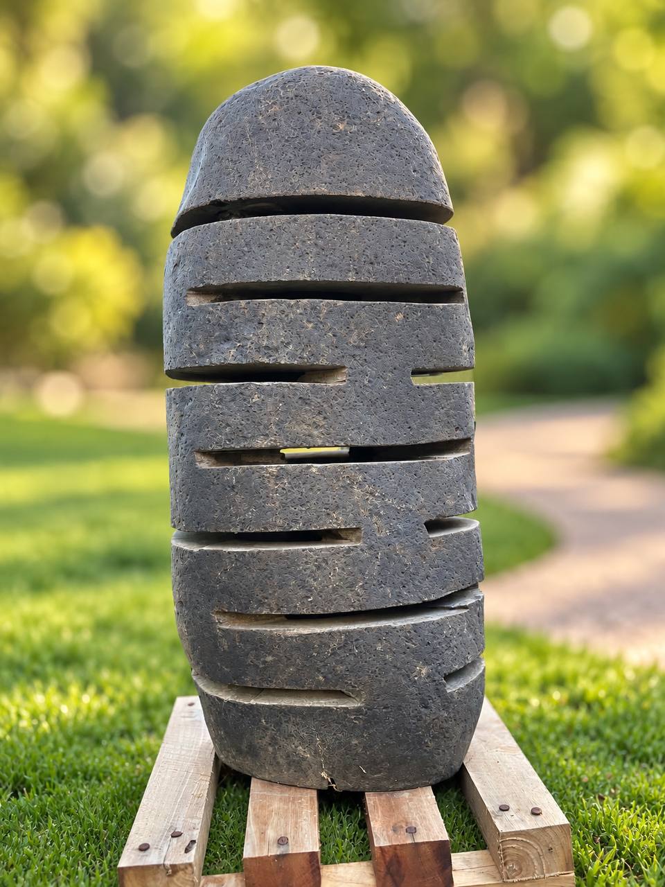 Gray river stone garden lantern RSL-002 with a rounded removable cap and horizontal openings