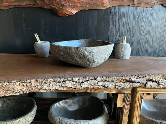 Diamond-shaped river stone vessel sink RSC-080 with a natural textured exterior