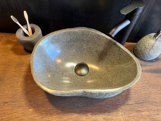 Top view of river stone vessel sink RSC-083 showing the basin and natural stone outline