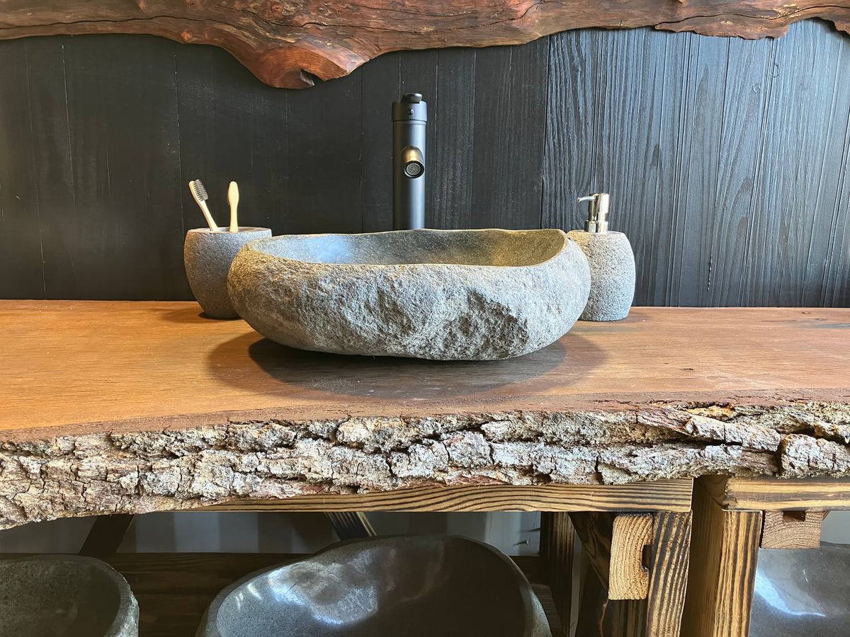 River stone vessel sink RSC-084 with distinctive natural texture and a 5-inch exterior height
