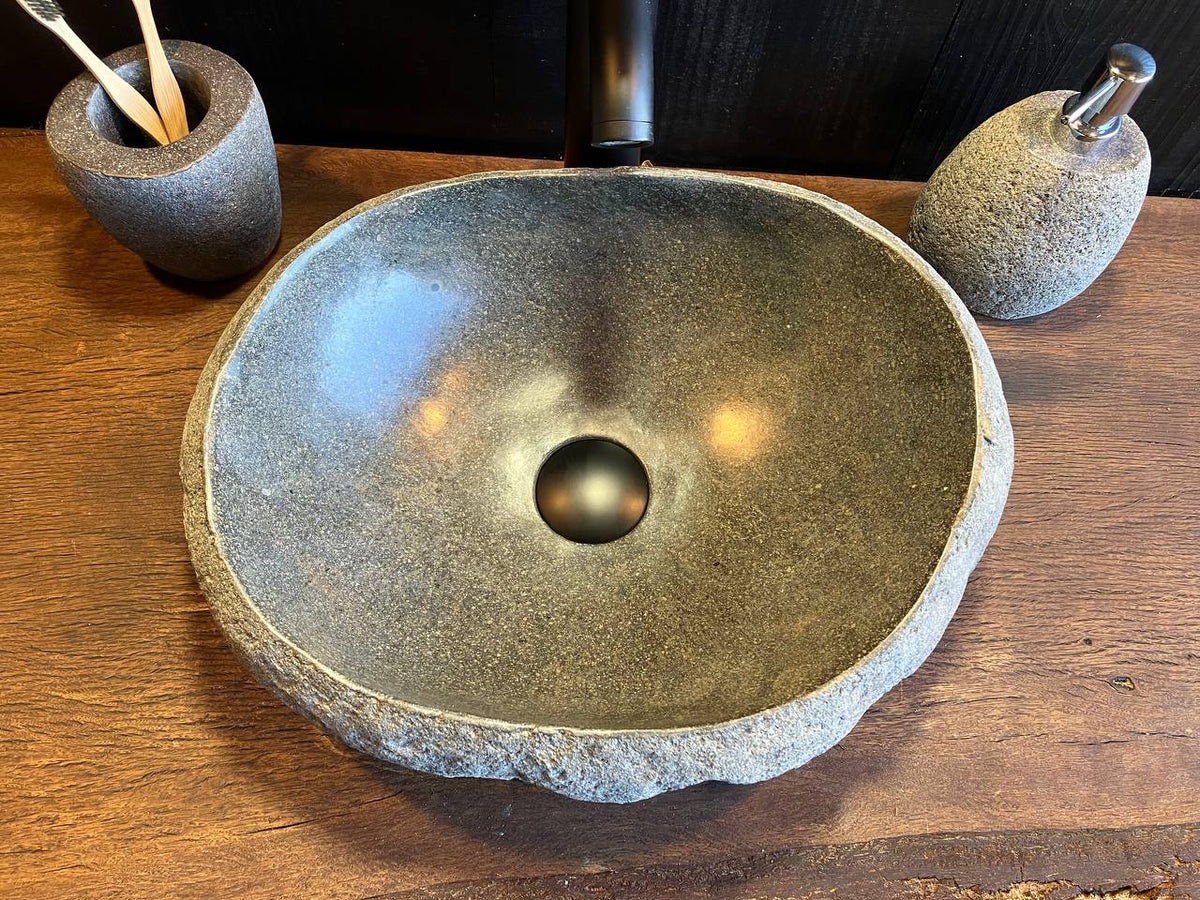 Top view of river stone vessel sink RSC-084 showing its basin and natural stone details