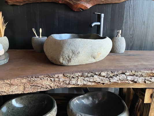 Boulder-shaped river stone vessel sink RSC-085 with irregular contours and natural stone texture
