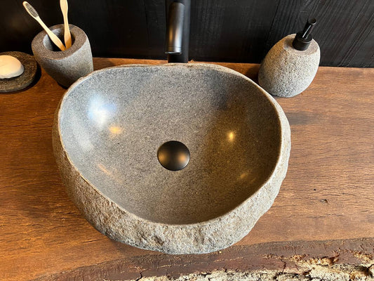 Top view of river stone vessel sink RSC-086 showing its basin and natural stone outline