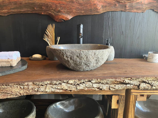 Oval river stone vessel sink RSC-090 with a naturally rough gray exterior