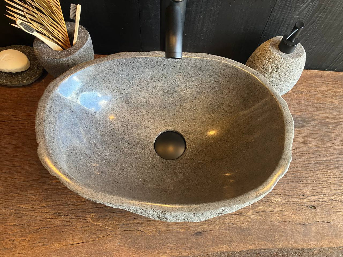 Top view of river stone sink RSC-090 showing its smooth basin and natural taupe tones