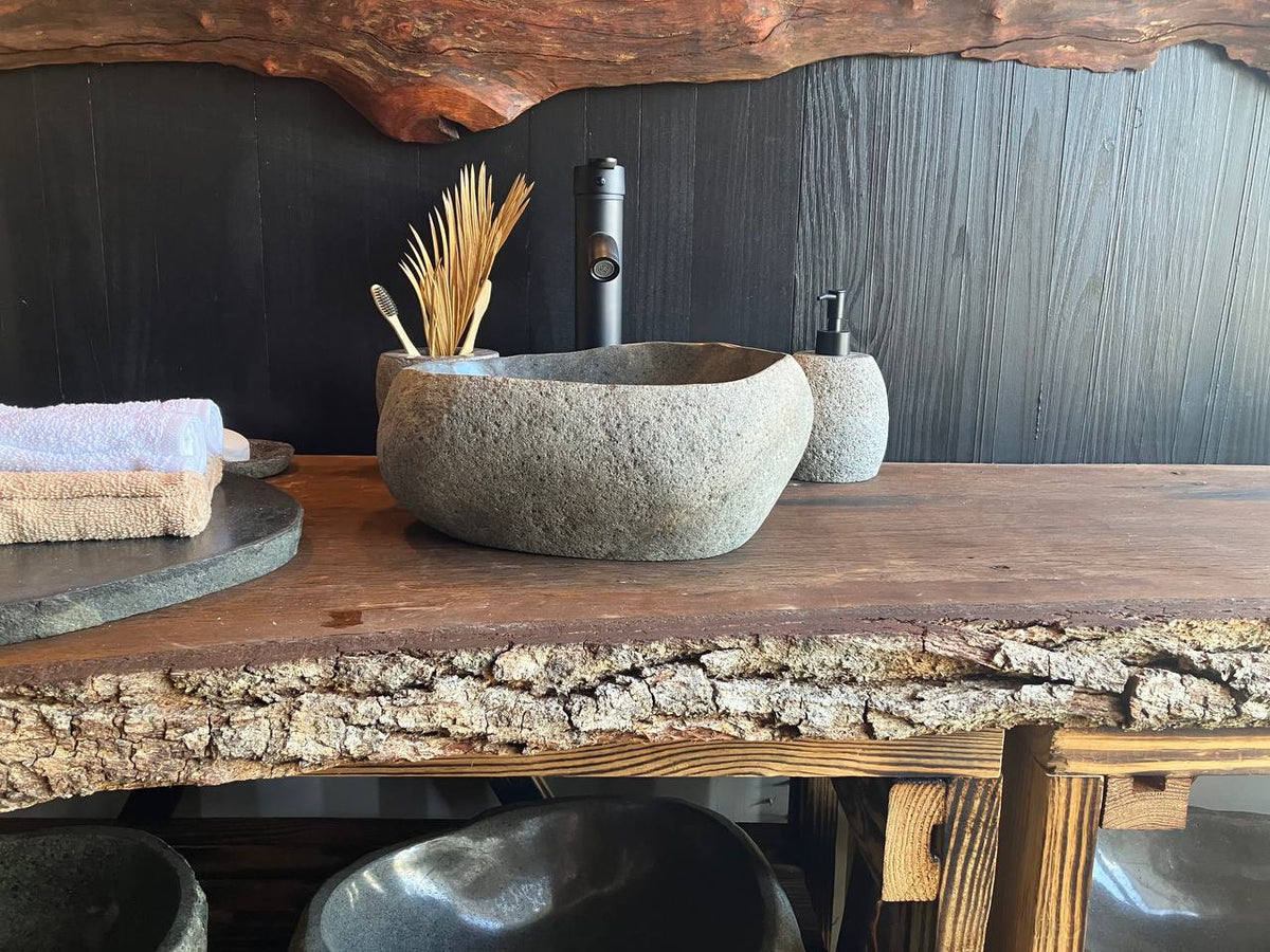 Gray natural river stone vessel sink RSC-092 with a textured exterior