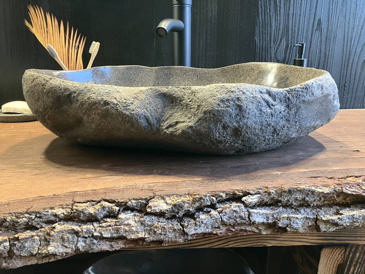 Interior bowl and natural stone texture of RSC-096 river stone bathroom sink