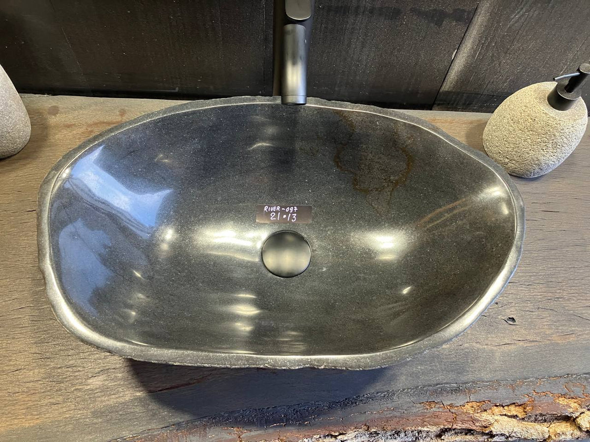 Polished dark gray bowl of the RSC-097 natural river stone sink