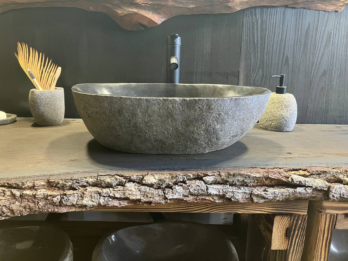 RSC-097 oval river stone vessel sink with rough natural exterior