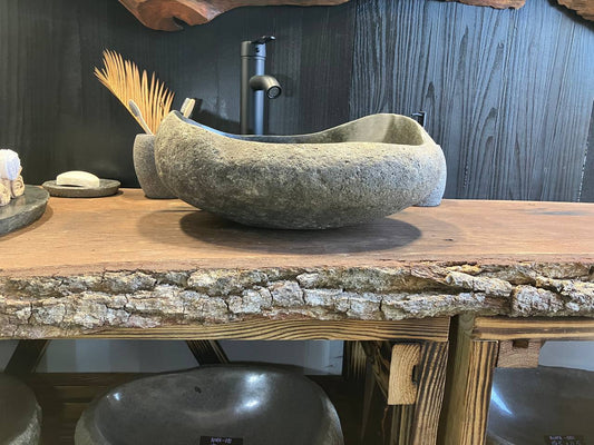 RSS-098 irregular riverstone vessel sink with dark polished bowl