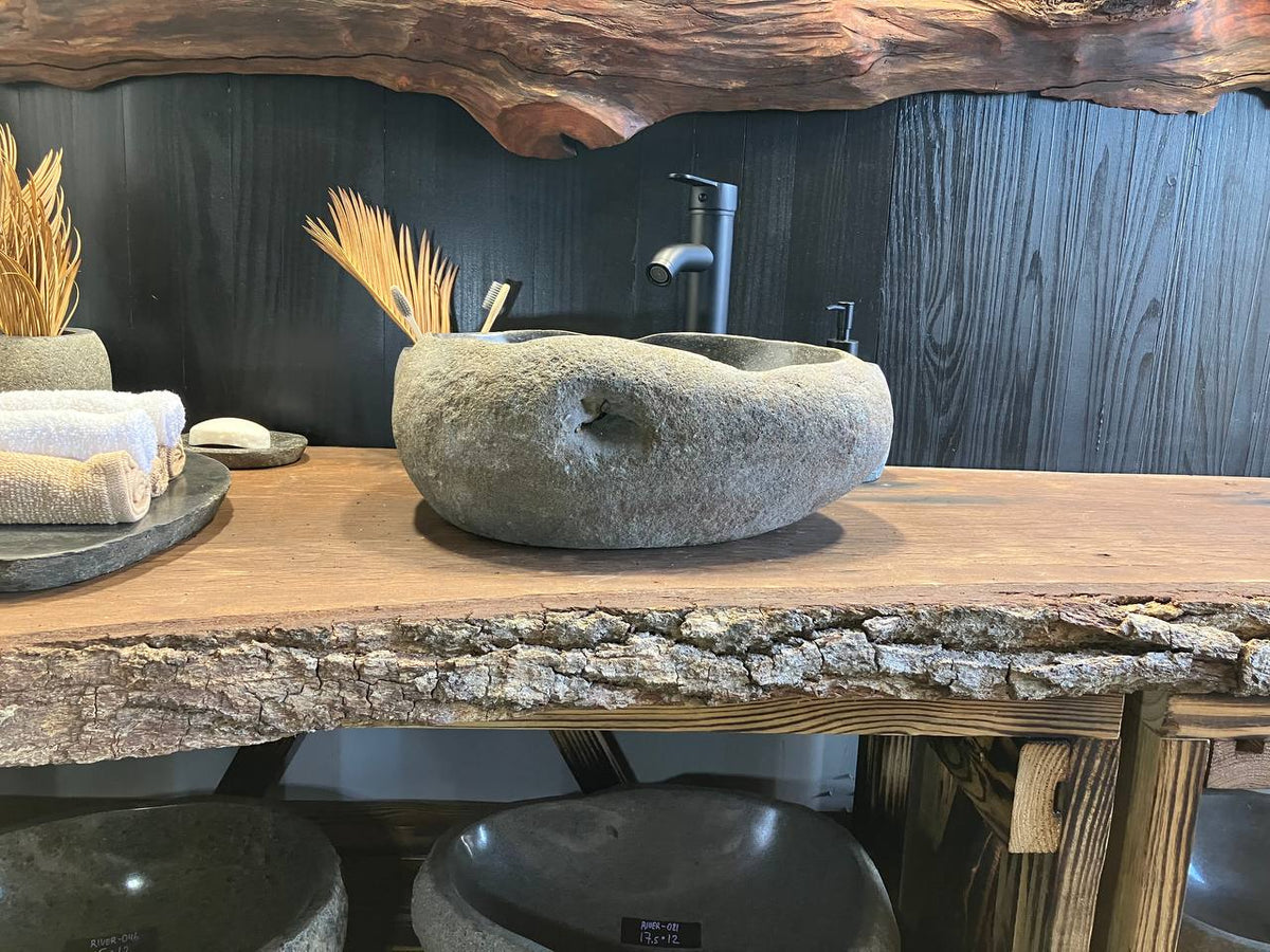 RSS-098 riverstone vessel sink with a speckled gray bowl