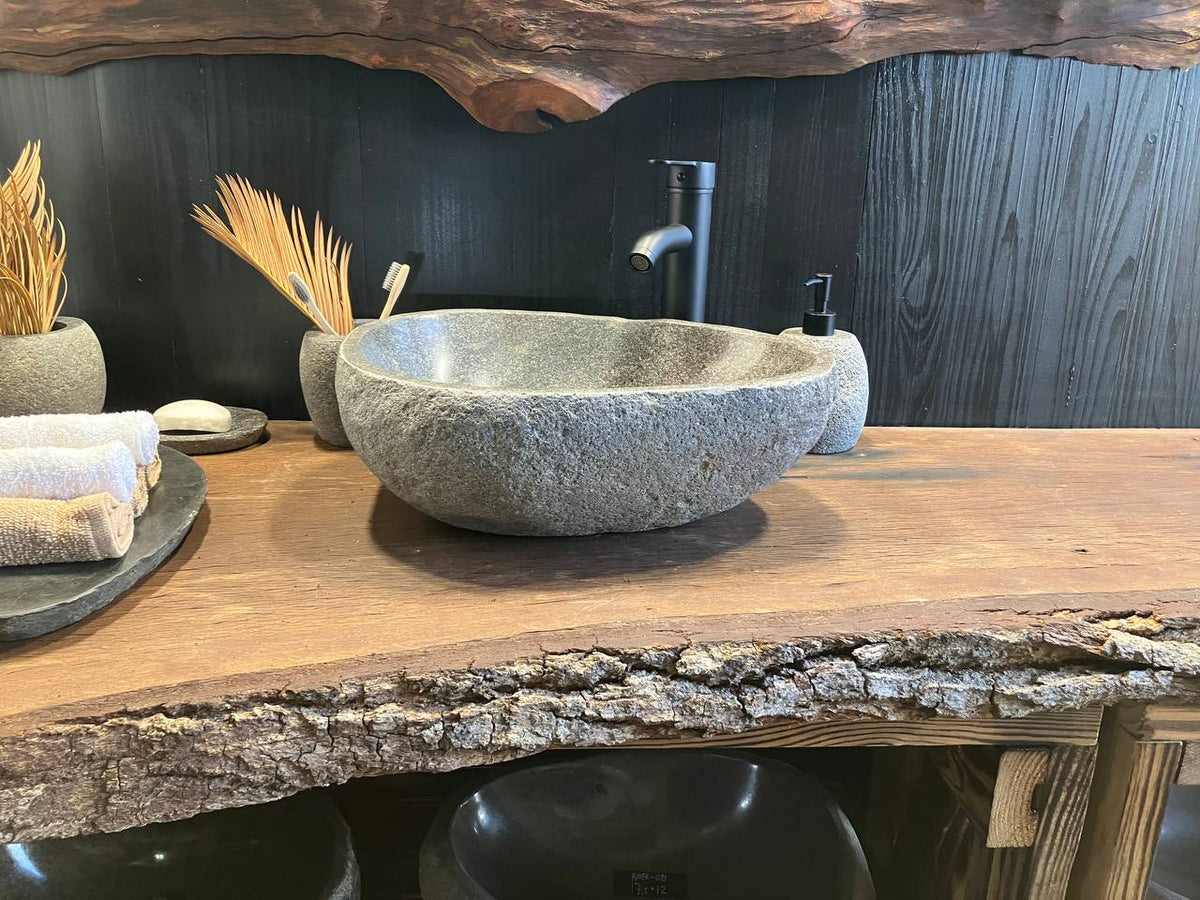RSS-099 riverstone vessel sink with a speckled gray bowl