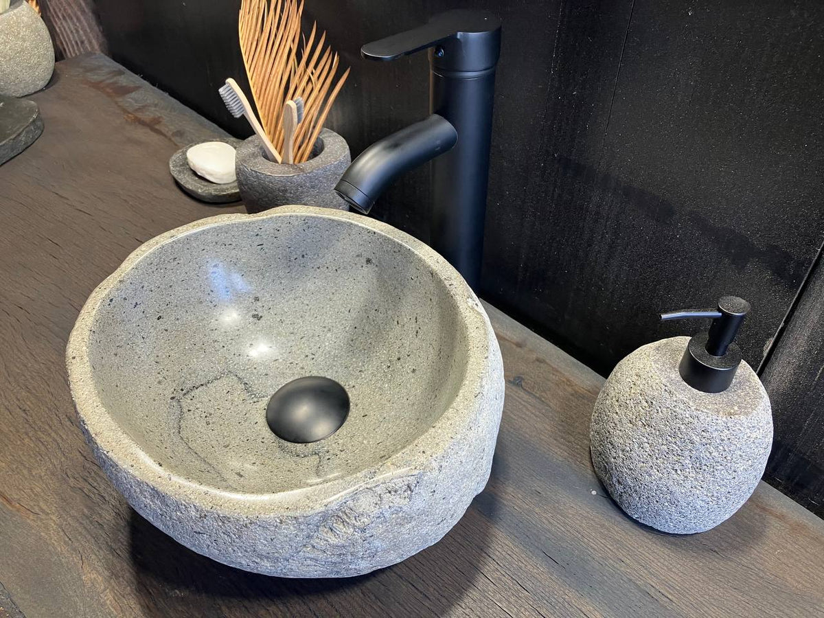 RSS-100 riverstone vessel sink with a light beige-gray speckled bowl