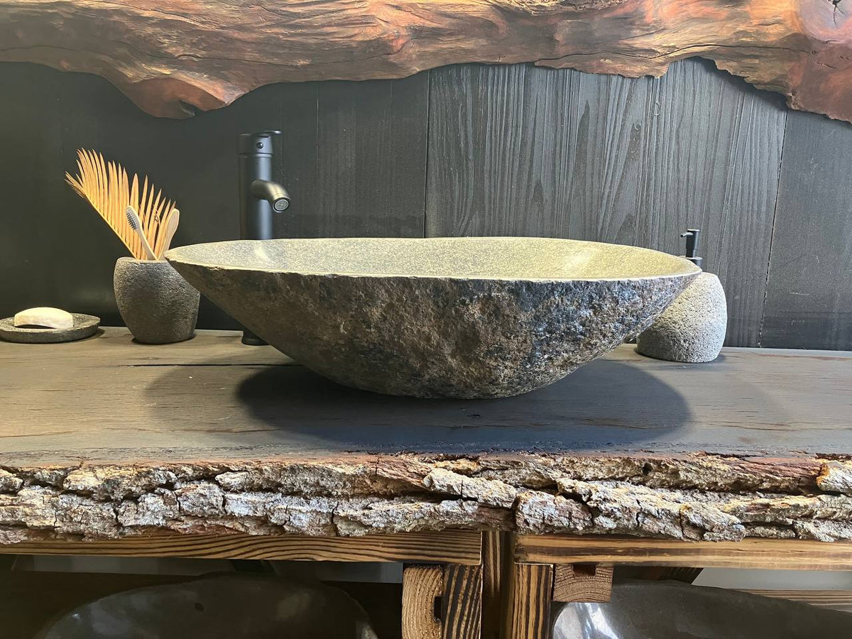 RSS-101 riverstone vessel sink with a light gray-beige bowl and natural veining