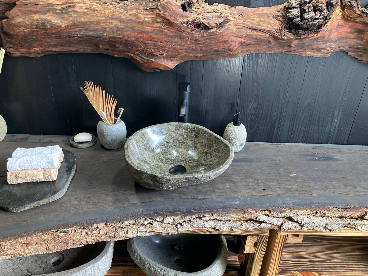 RSS-105 natural river stone vessel sink with green mineral tones