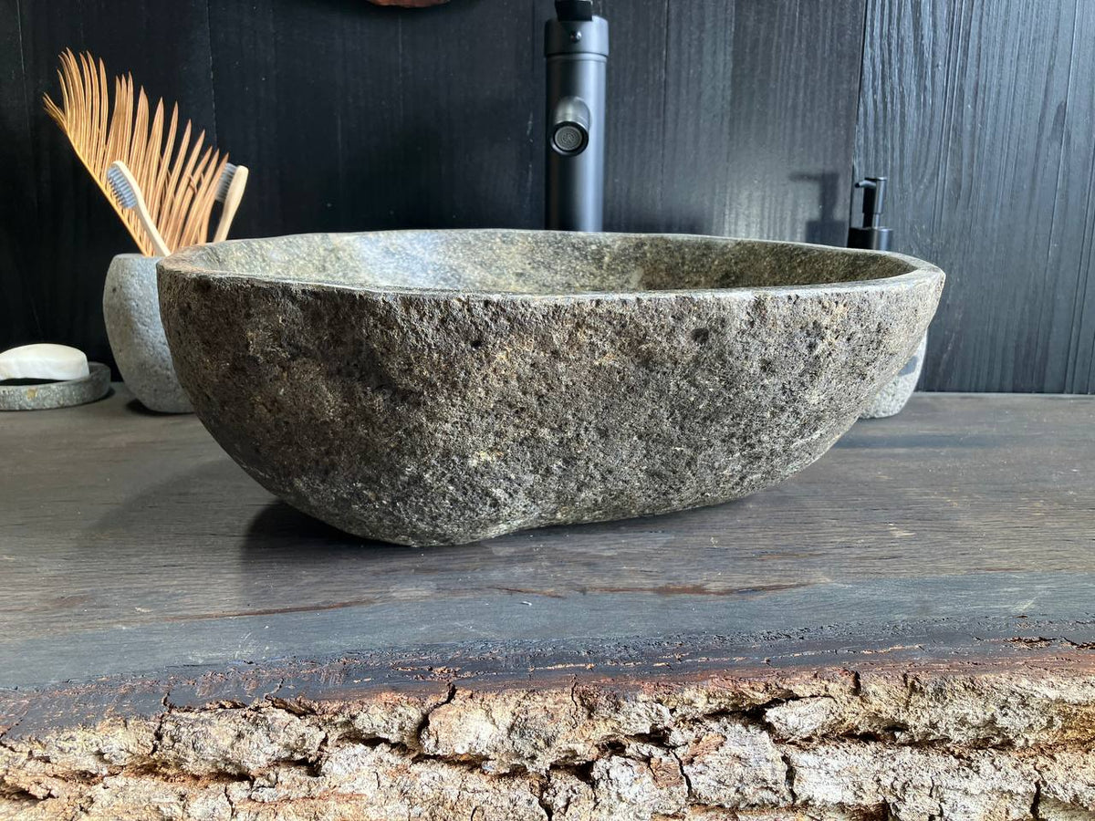 Polished river stone basin with green mineral patterns on RSS-105