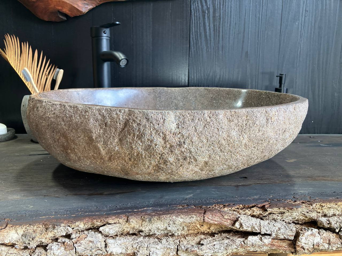 Natural river stone texture and polished vessel basin on RSS-106